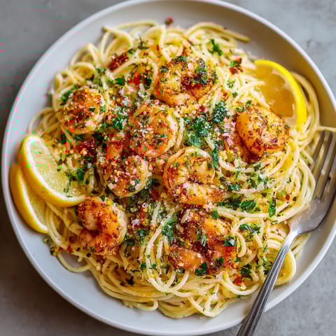 A plate of pasta with shrimp and lemon wedges.