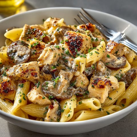 A bowl of pasta with chicken and mushrooms.