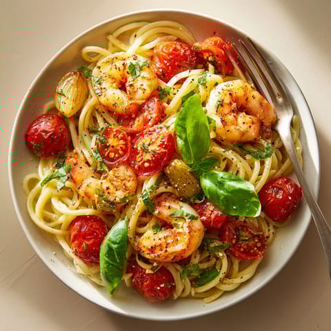 A bowl of pasta with tomatoes and shrimp.