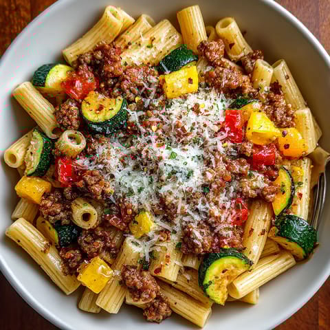A bowl of pasta with meat and vegetables.