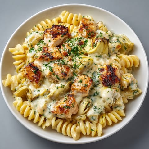A plate of pasta with chicken and vegetables.