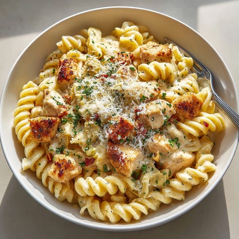 A bowl of pasta with chicken and cheese.
