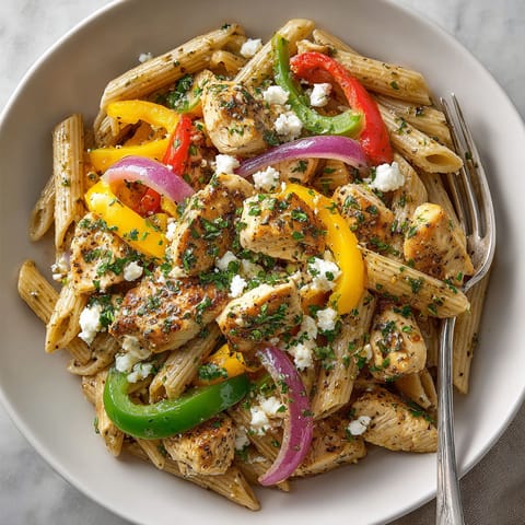 A plate of pasta with chicken and peppers.