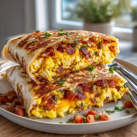 A breakfast burrito grilled cheese sandwich.