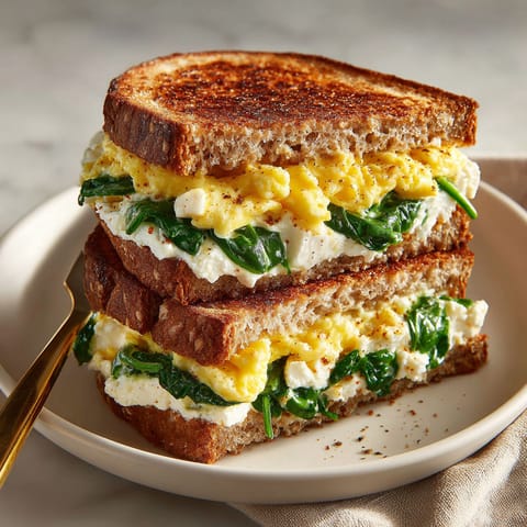 A grilled cheese sandwich with spinach and feta.