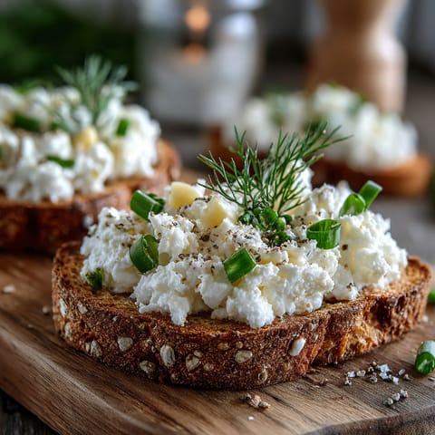 Two pieces of toast with garlic and herb cottage cheese on top.