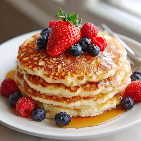 A stack of pancakes with blueberries and strawberries on top.