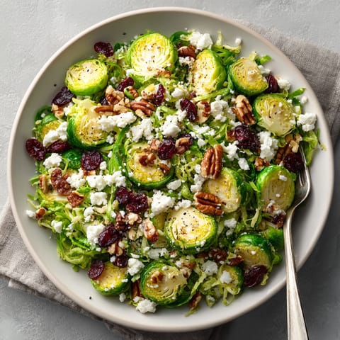 A plate of shaved brussels sprout salad with feta and walnuts.