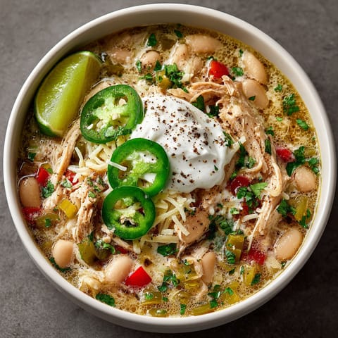 A bowl of soup with chicken, beans, and peppers.