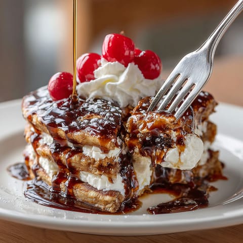 A plate of pancakes with a fork and syrup on it.
