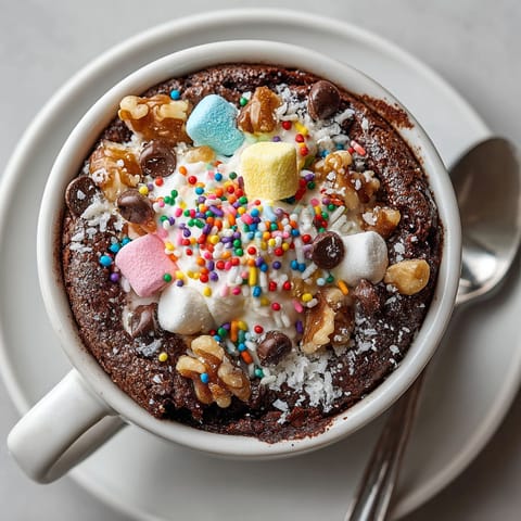 A cup of chocolate cake with marshmallows and candy on top.