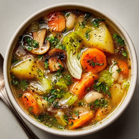 A bowl of soup with vegetables and mushrooms.