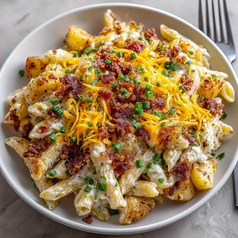 A plate of pasta with cheese and bacon.