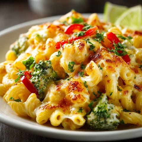 A plate of food with a creamy thai curry mac and cheese mashup.