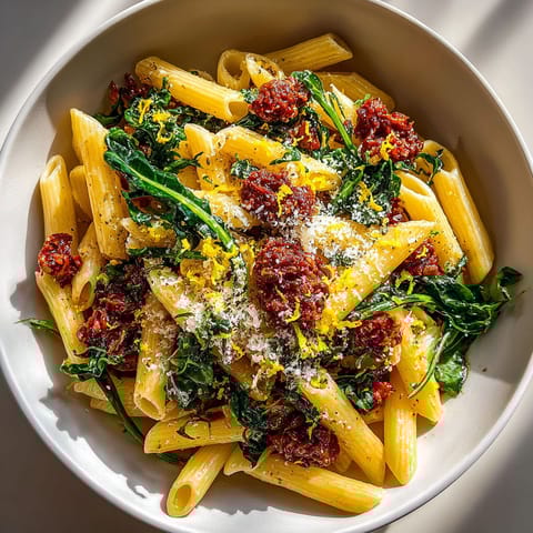 A bowl of pasta with greens and tomato sauce.
