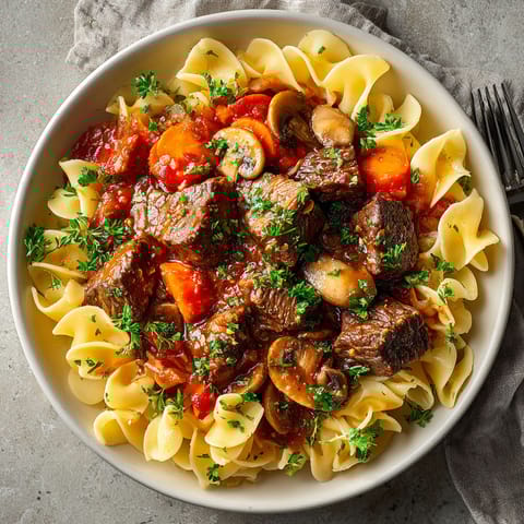 A bowl of pasta with meat and mushrooms.