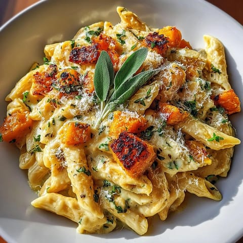 Steaming one-pot creamy butternut squash &amp; sage pasta, coated in velvety parmesan sauce.