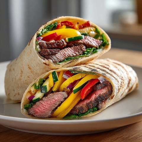 Warm tortillas filled with pepper steak wraps, roasted vegetables, and baby spinach ready for serving.