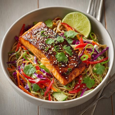 Teriyaki Salmon Soba Bowl with Crunchy Slaw displayed with juicy salmon, tossed noodles, and sesame-lime garnish.