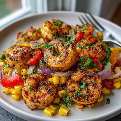Close-up of succulent shrimp and charred corn in a vibrant Cajun Shrimp Skillet garnished with parsley.