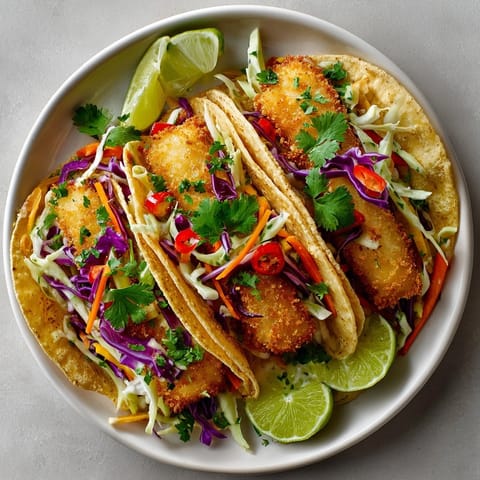 Golden fried cod in Crispy Cod Tacos with Lime-Cilantro Sauce, topped with colorful veggies and herbs.