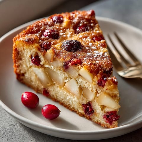 Freshly baked Cranberry-Apple Skillet Cake cooling in a rustic cast iron pan, ready to slice.