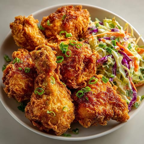 Crispy buttermilk fried chicken paired with colorful creamy slaw for a classic Southern meal.