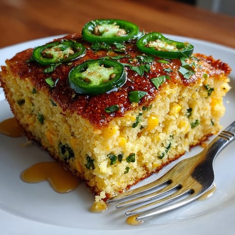 Sliced Jalape&amp;ntilde;o Honey Cornbread served warm in a cast-iron skillet, perfect side for BBQ