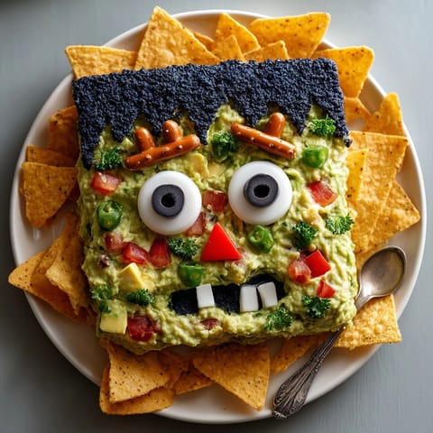 Frankenstein Guacamole recipe: festive, creamy avocado dip creatively decorated for a fun Halloween gathering.