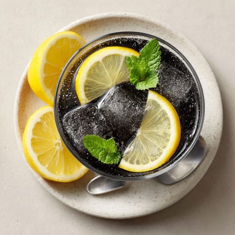 Refreshing homemade Charcoal Lemonade with activated charcoal, sweetened, and garnished with fresh mint.