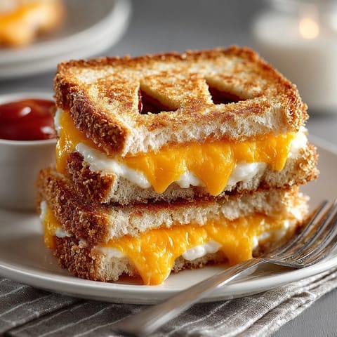 Buttery Jack-o'Lantern Grilled Cheese Sandwiches, crisp golden edges, ready for tomato soup.