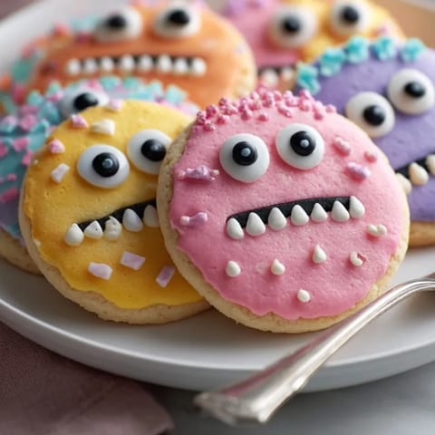 Up-close of whimsical Googly Eyeball Sugar Cookies, perfect sprinkle-covered kids' party treats.
