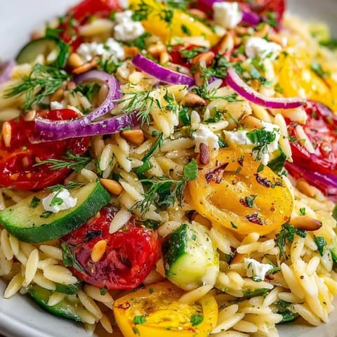 A delicious Lemon Herb Orzo Salad, served warm, bursting with fresh summer flavors.