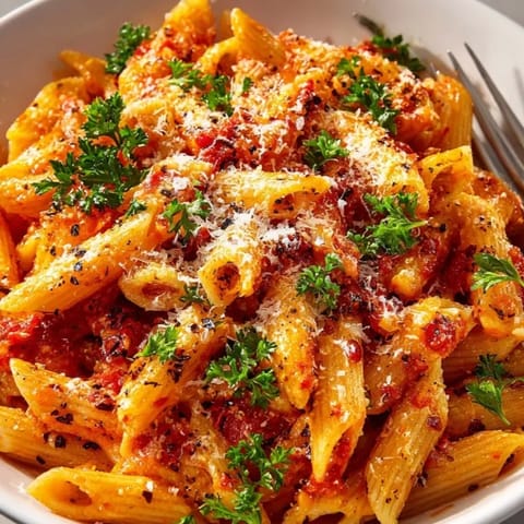 Delicious bowl of Spicy Arrabbiata Pasta, a quick vegetarian dinner option, ready to eat.