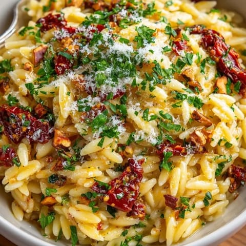 A serving bowl filled with creamy sun-dried tomato pesto orzo, topped with basil.