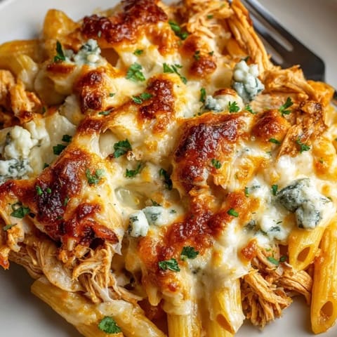 Rich, spicy Buffalo Chicken Pasta Bake with crumbled blue cheese and green onion garnish.