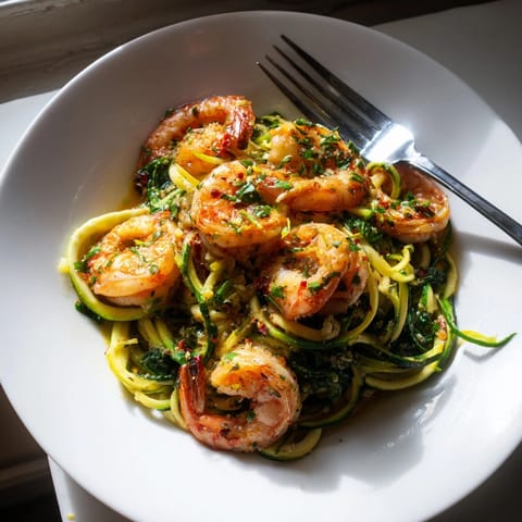 Close-up of Shrimp Scampi Zucchini Noodles, a light Italian-American seafood dinner.