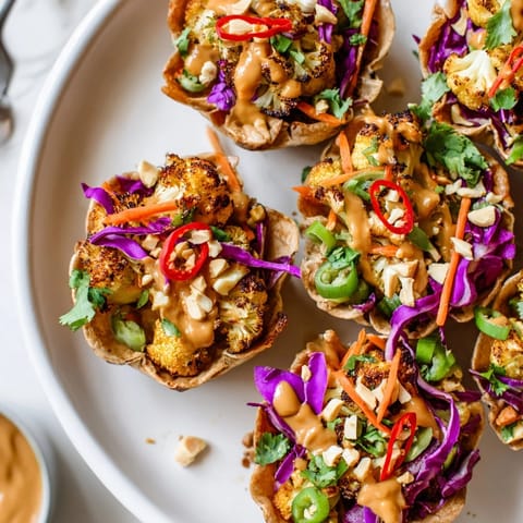 Crispy Thai Peanut Cauliflower Taco Cups: imagine savory cauliflower cradled in warm tortillas with toppings.