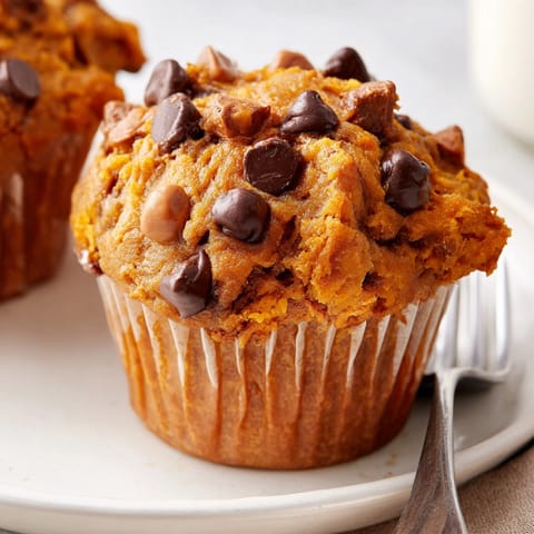 Warm, spiced Butterscotch Pumpkin Chocolate Chip Muffins, showcasing a soft crumb and gooey chips.