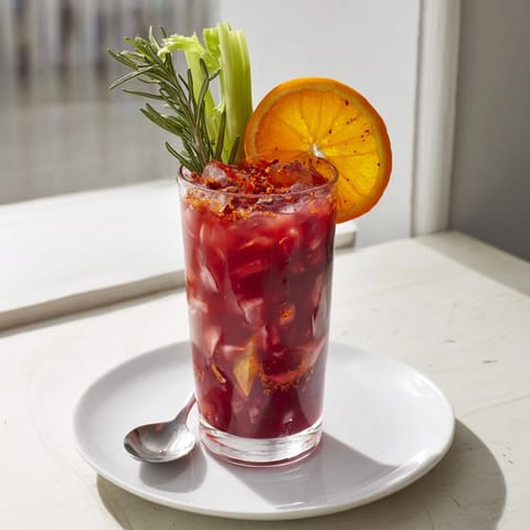 Refreshing Smoky Bloody Cranberry mocktail, garnished with bright orange and fragrant rosemary sprigs.