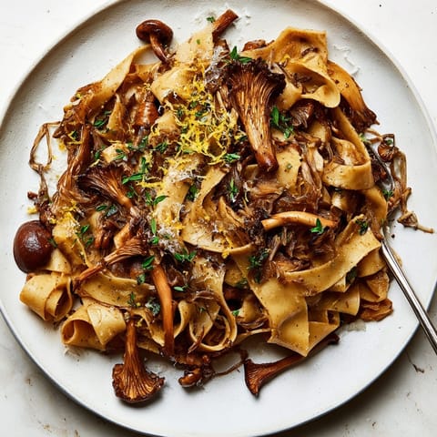 A vibrant bowl of Fall Pasta with Wild Mushrooms and Brown Butter, garnished appealingly.