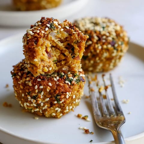 Golden and crispy Crispy Pumpkin Falafel Muffin Bites topped with fresh herbs and sesame.  