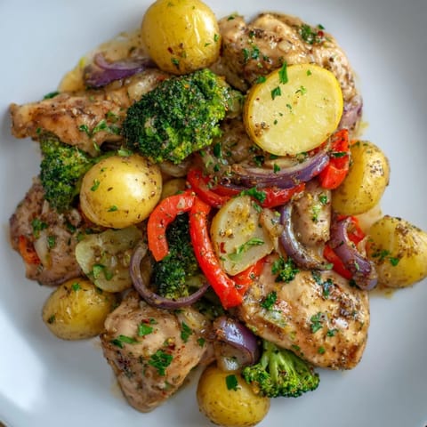 Aromatic Lazy Gourmet Chicken & Vegetable One-Pot with colorful veggies and fresh parsley.  