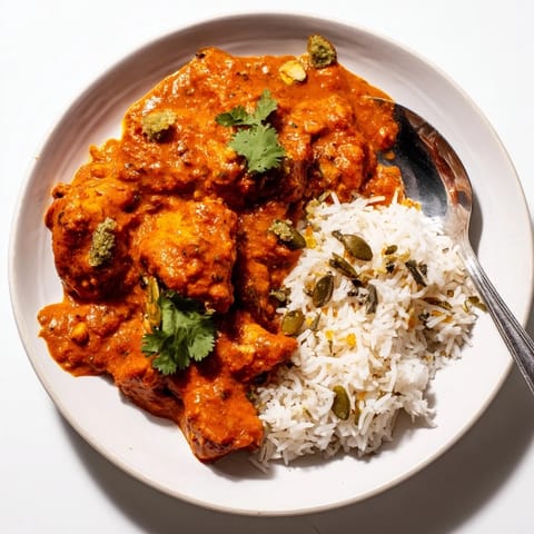 Tender chicken in buttery tomato sauce, paired with spiced rice pilaf for flavor.  