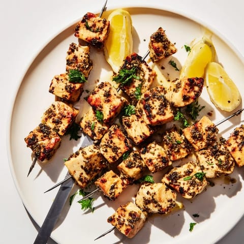 Tender honey lavender chicken skewers served with lemon wedges and fresh herbs.  