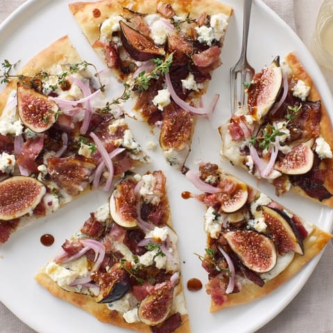 Savory Roasted Balsamic Fig & Bacon Flatbread topped with figs, bacon, and creamy cheeses.  