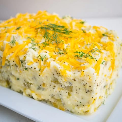 Creamy Dill Pickle Mashed Potato Bake, studded with pickles, ready to serve alongside dinner.