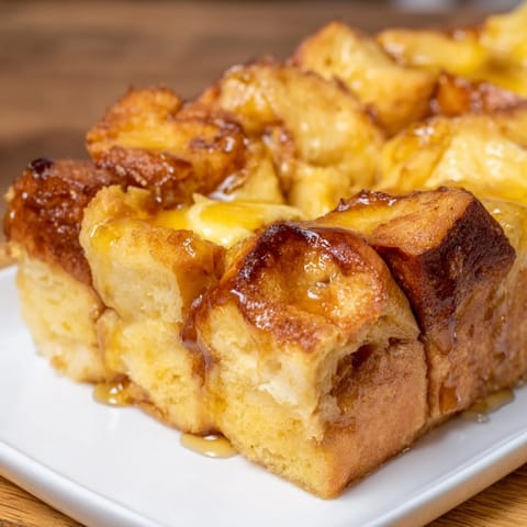 Imagine a close-up of this baked French Toast, the custardy bread absorbing the delicious flavors.