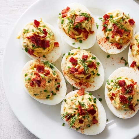 Beautiful plated Loaded Deviled Eggs with vibrant green dill, perfect for a party appetizer.