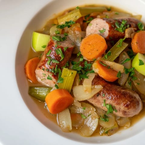 Warm and comforting: A close-up of the delicious Stovetop Sausage, Celery, and Apple Hotpot, ready to enjoy.